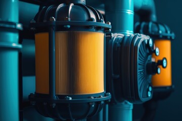 Data center cooling energy efficiency technology concept. A close-up view of industrial filters and valves on blue pipes, highlighting the textures and colors of the components.