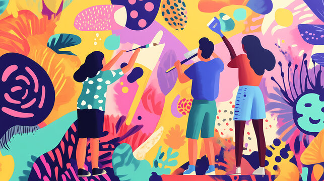 Hispanic artists painting a mural together, hispanic heritage art collaboration, collective creativity. Mural. Illustration