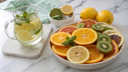 Fresh citrus composition with orange, lemon, and kiwi slices on a marble table, paired with a jug of lemon water