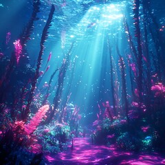 Glowing Underwater Kelp Forest with Vibrant Coral Reef and Schools of Fish