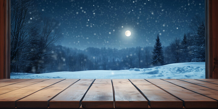 Moonlit snow falls outside, warm wooden table near frosted windows inside