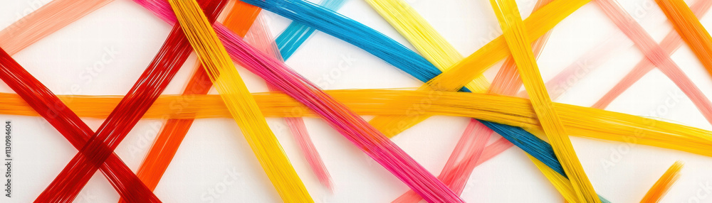 Poster colorful rubber bands are arranged in a chaotic yet artistic pattern over a white background, creati
