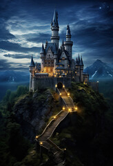 A fairytale castle is pictured in the dark night