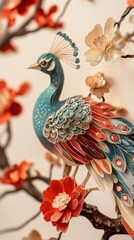 Fototapeta premium Intricate Paper Art: A Peacock Amidst Blossoms