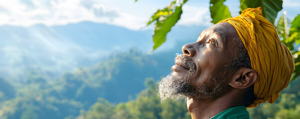 Arabica coffee hit record high concept. A thoughtful man gazes upward, surrounded by lush greenery and mountains, with sunlight filtering through the leaves.
