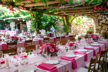 Obraz premium Outdoor restaurant with pink wedding tables