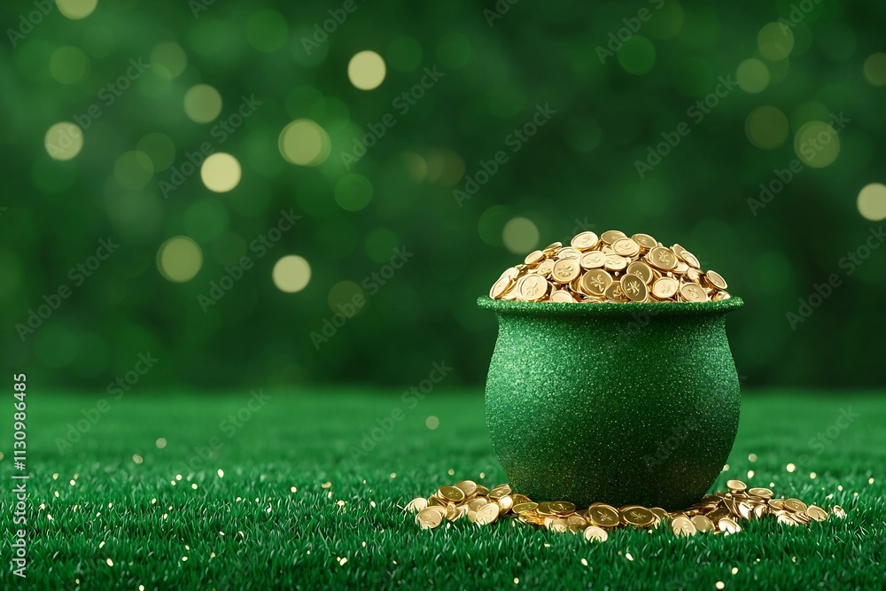 Poster glimmering pot of gold overflowing with shimmering coins under magical luminous rendering of irish c