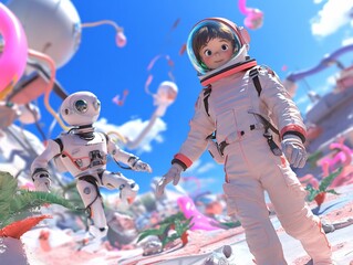 Astronaut girl and robot explore surreal landscape.