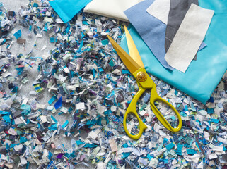 Recycling background. Zero waste concept. Textile recovery. Reusable of old clothes. Second life...
