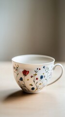 Fototapeta premium Floral Teacup on Wooden Table: A Serene Still Life