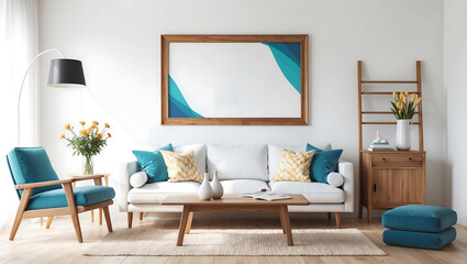 Fototapeta premium Colorful abstract painting above grey couch with pillows in scandinavian design interior