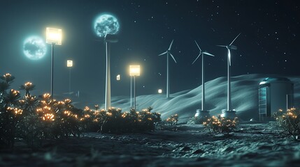 Obraz premium A futuristic moon base with glowing wind turbines and solar arrays, soft light from Earth visible in the sky, blending innovation with wonder