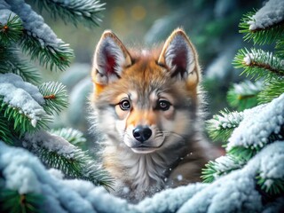 Obraz premium A precious 3D-like image: a fluffy wolf cub playing in a pristine snowy winter forest.