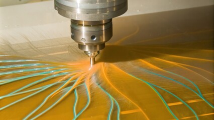 A dynamic visualization of airflow simulations over a 3Dprinted aerospace part integrating digital technology with physical manufacturing.