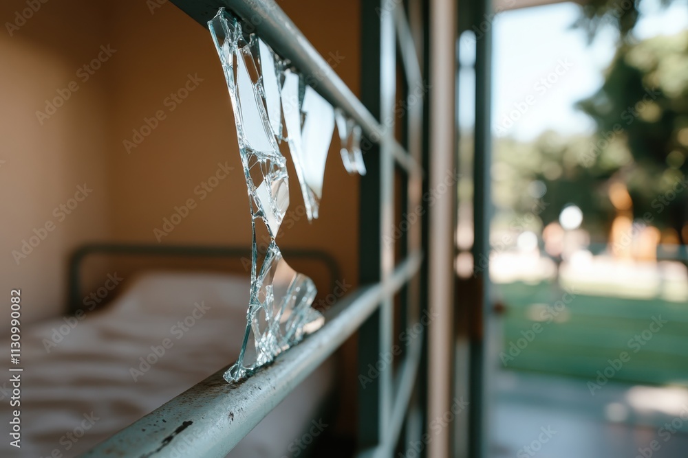 Wall mural The close-up of a fractured glass pane provides an evocative foreground to a scenic backdrop of greenery and light, reflecting emotions of separation and yearning.