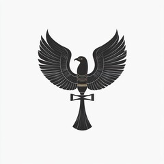 Fototapeta premium Black stylized bird, wings spread, Egyptian cross, heraldic design.