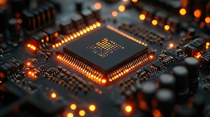 Obraz premium Future technology and a microchip for AI on a motherboard represent programming and codes for internet browsing and information with lights, machine learning, and data algorithms