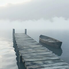 Moody Dock and Boat on Misty Lake Landscape