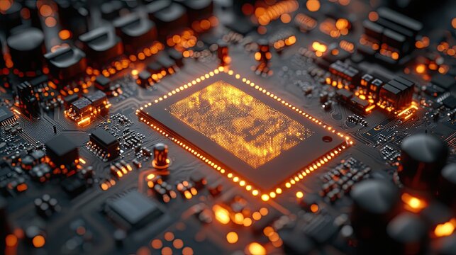 Future technology and an online chip for AI on a motherboard represent programming and codes for internet browsing and information with lights, machine learning, and big data algorithms