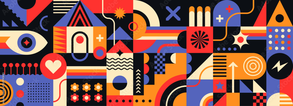 Poster an abstract geometric pattern design in a retro style, made up of various colorful shapes. vector il