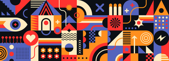 An abstract geometric pattern design in a retro style, made up of various colorful shapes. Vector illustration.