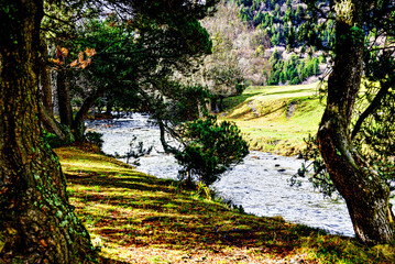Fototapeta premium Montgarri Valley next to the Montgarri Sanctuary, located in the municipality of Alto Aran in the Lérida Pyrenees, Catalonia, Spain