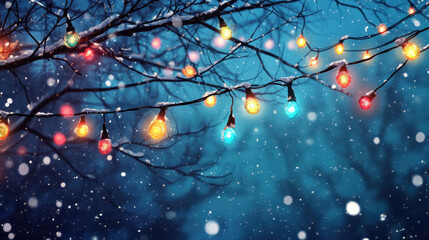 Christmas lights glowing against the backdrop of a dark winter evening, with a soft snowfall. --ar 16:9 --v 6.1 Job ID: 5ed3dd01-38de-425f-bf8c-d54cc3bfb22b