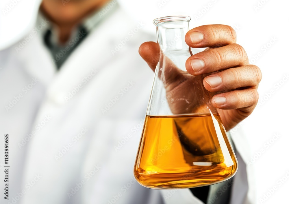 Poster A scientist holding a flask with yellow liquid, symbolizing experimentation and research.