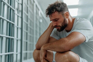 Obraz premium A man squats in a cell, resting his head on his hand, conveying deep emotional struggle and isolation. The industrial surroundings enhance the weight of his situation.