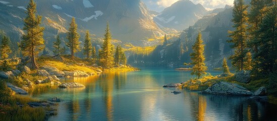 Obraz premium Serene mountain lake reflecting golden sunlight on tranquil water, surrounded by evergreen trees and rocky shores.