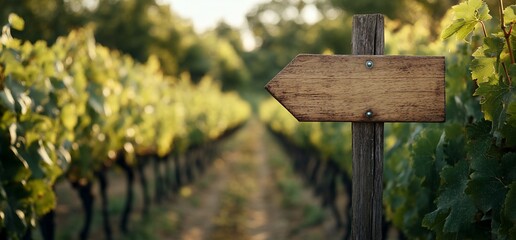 Wooden arrow sign pointing through vineyard rows.