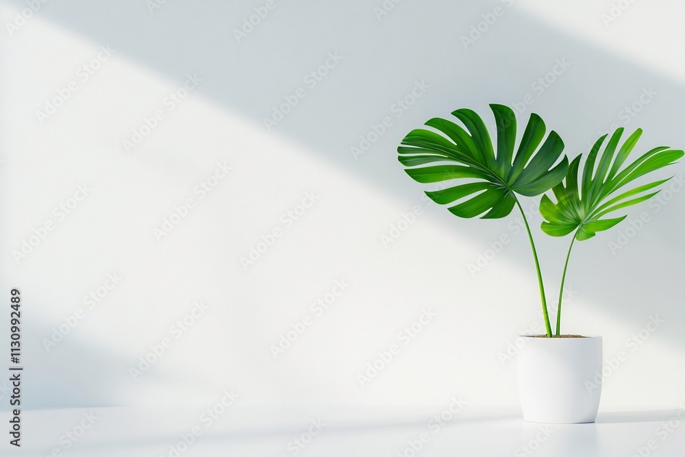 Poster minimalist monstera leaf display in bright studio with clean lines and soft shadows