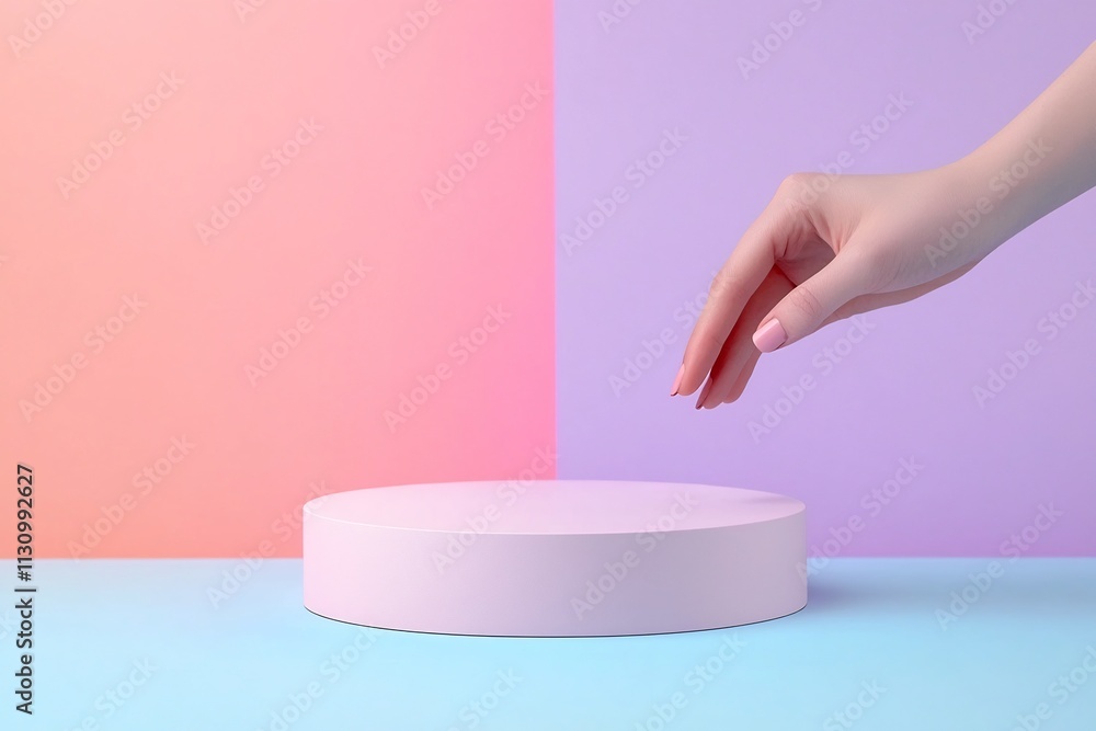 Poster innovative tech product reveal in vibrant modernist setting with dynamic interaction