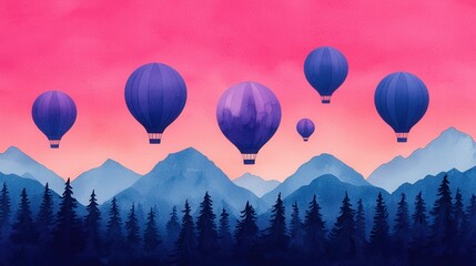Obraz premium Watercolor texture and vibrancy, A serene landscape featuring colorful hot air balloons soaring over mountains and forests under a pink sky at sunset.