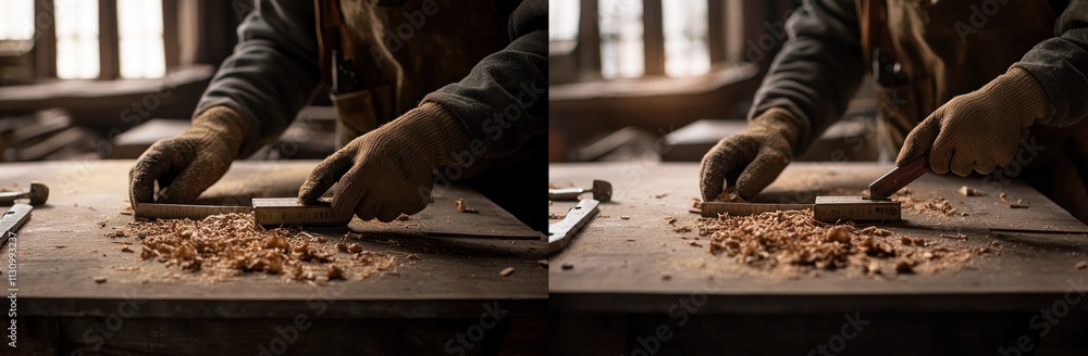 Poster A craftsman works on wood, shaping it with tools and creating shavings on a workbench.