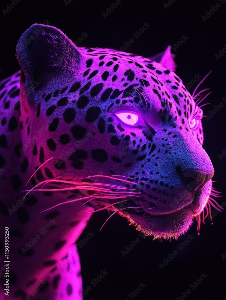 Poster a vibrant, stylized depiction of a leopard with glowing features against a dark background.