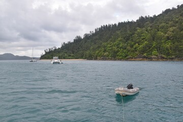The white sandy beaches and turquoise ocean around the Whitsunday islands in Australia