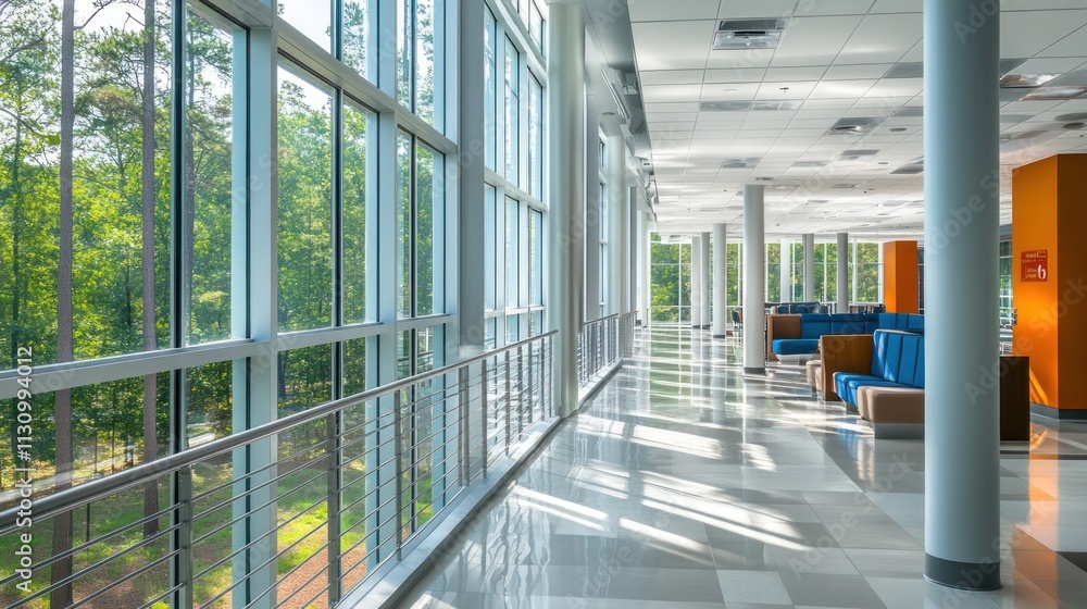 Aufkleber bright corridor with large windows overlooking greenery, creating a welcoming atmosphere.
