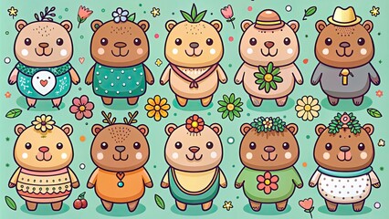 Adorable Kawaii Capybara Characters in Hand-Drawn Style | Cute Animal Vector Collection for Fun Designs and Illustrations