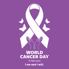 Fototapeta premium Illustrative design highlighting World Cancer Day with a ribbon and butterflies. Promoting cancer awareness and support on a purple background, symbolizing hope and unity against cancer.
