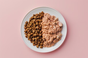 Pet food on white plate pink background Top view