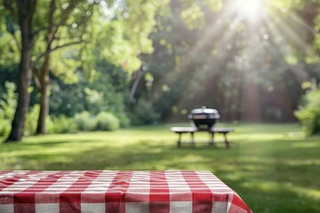 Picnic table with red and white checkered cloth and barbecue on green lawn for product placement or advertising