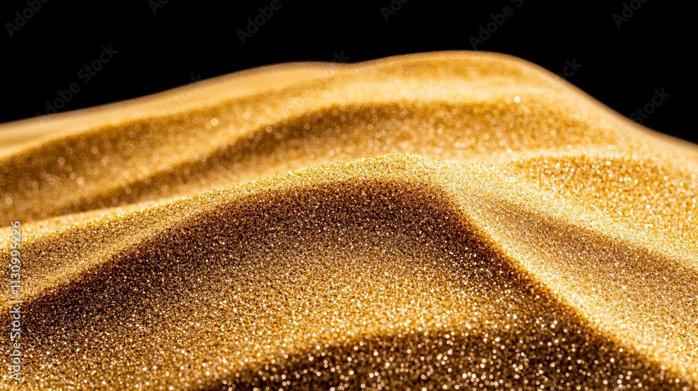 Poster close-up of golden sand creating smooth, wavy patterns against a dark background, showcasing a shimm
