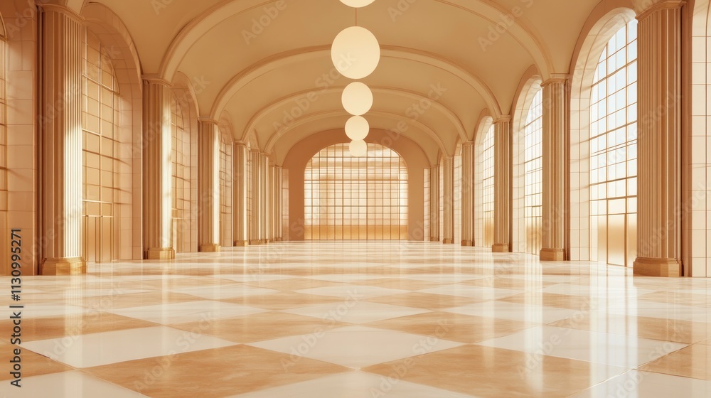Aufkleber a spacious, elegantly designed hall with large windows and a checkered floor.