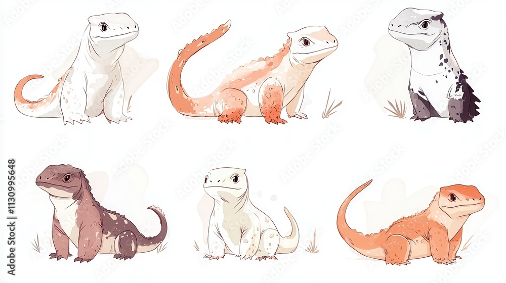 Poster colorfully illustrated cartoon lizards displaying unique patterns and vibrant colors with playful ex