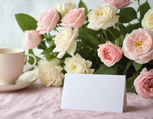 Blank Card with Roses and Flowers on a Soft Background. Mockup for salon, logo, wedding