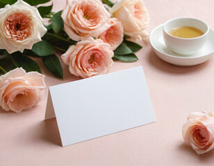 Blank Card with Roses and Flowers on a Soft Background. Mockup for salon, logo, wedding