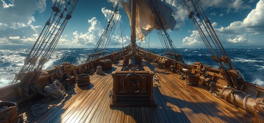 Wooden sailing ship deck view on ocean.