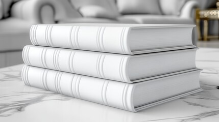 Stacked White Books on a Marble Table in a Cozy Living Room Setting
