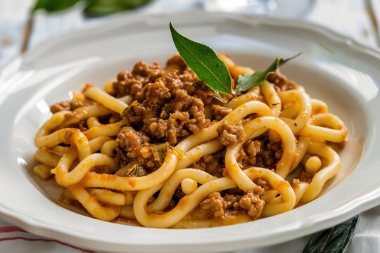 Plate of pici pasta with wild boar sauce and bay leaves